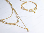 3 Layer 18K Gold Stainless Steel Necklace or Bracelet Set • Paper Clip Curb & Cable Chain • White Freshwater Pearl Jewelry