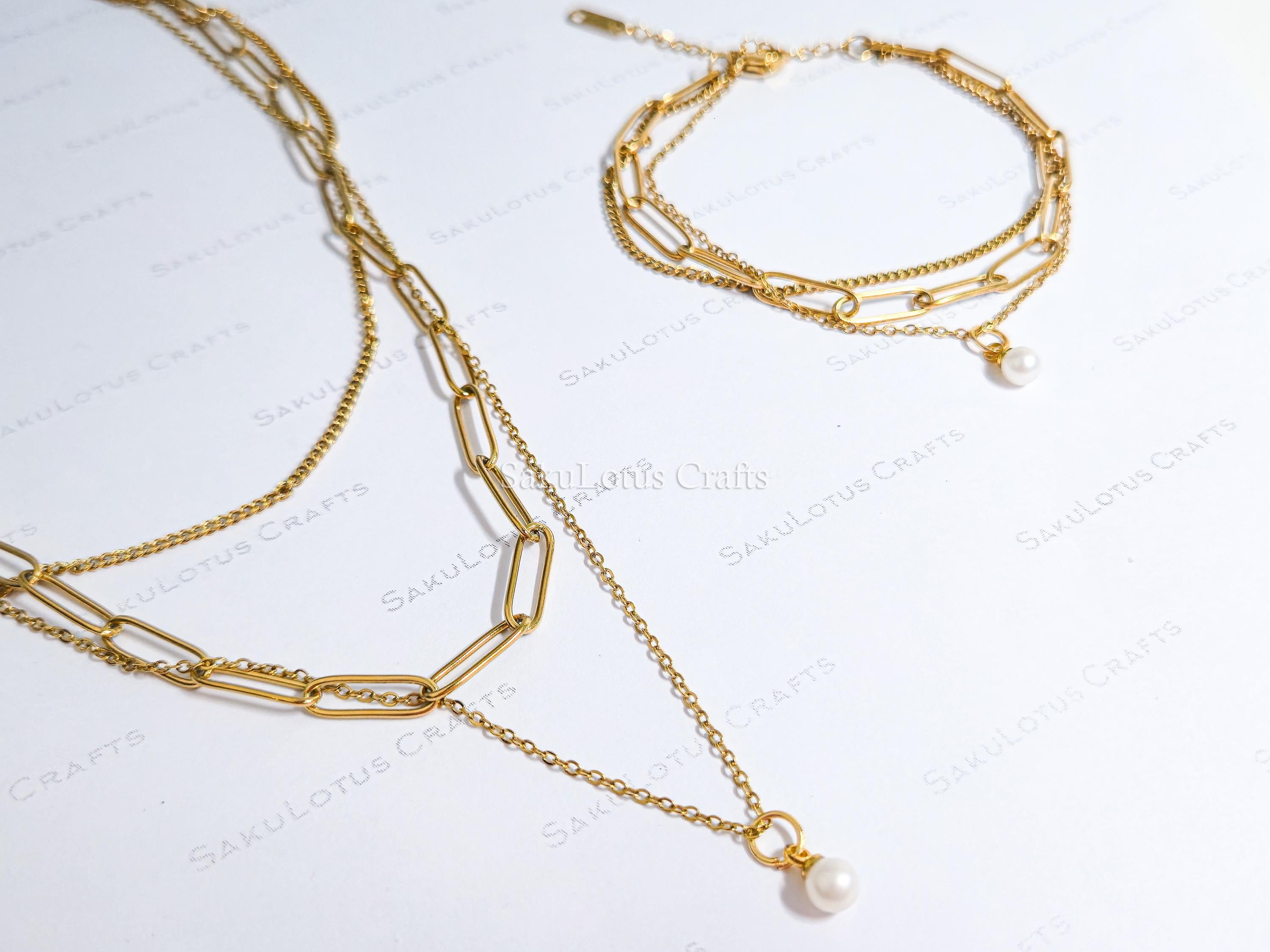 3 Layer 18K Gold Stainless Steel Necklace or Bracelet Set • Paper Clip Curb & Cable Chain • White Freshwater Pearl Jewelry