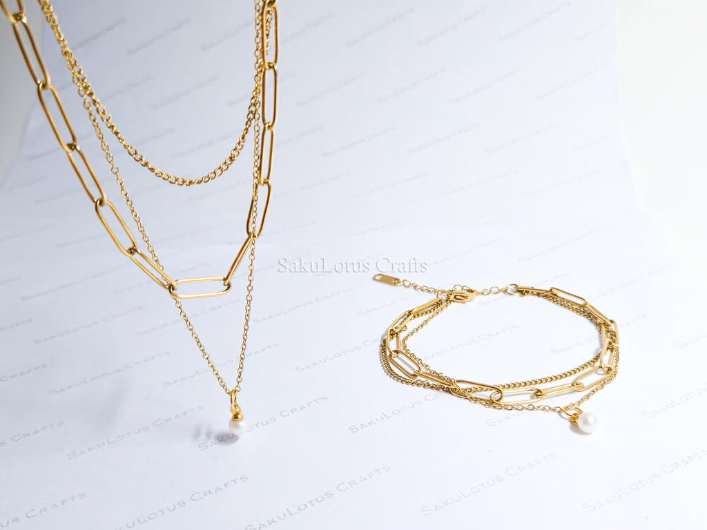 3 Layer 18K Gold Stainless Steel Necklace or Bracelet Set • Paper Clip Curb & Cable Chain • White Freshwater Pearl Jewelry