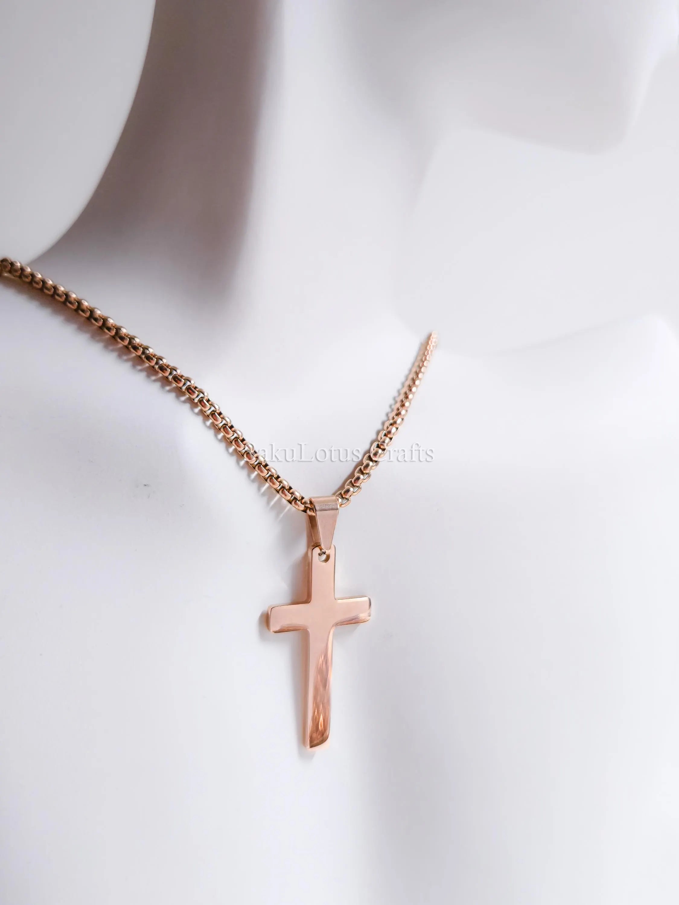 18K Gold Rose Gold Silver Cross Necklace • 23" Rollo Chain • Stainless Steel PVD Plated Jewelry