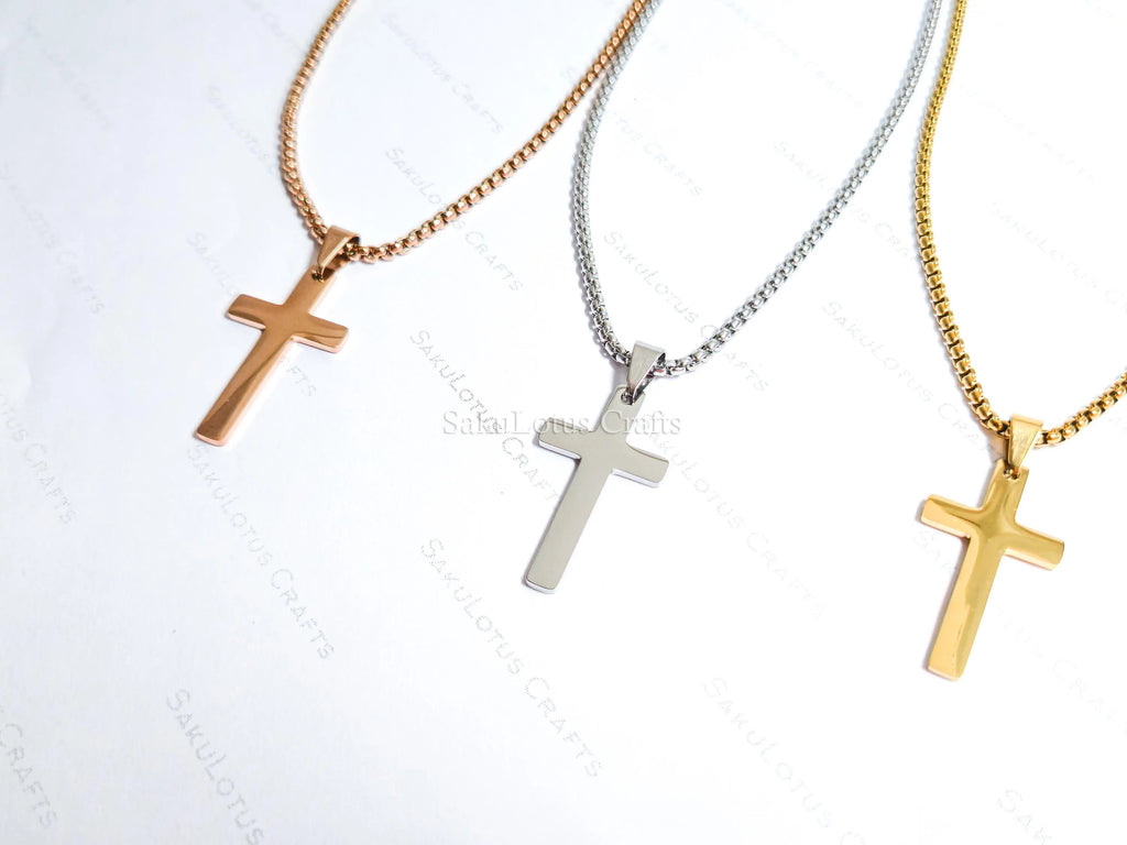 18K Gold Rose Gold Silver Cross Necklace • 23" Rollo Chain • Stainless Steel PVD Plated Jewelry
