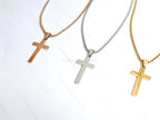 18K Gold Rose Gold Silver Cross Necklace • 23" Rollo Chain • Stainless Steel PVD Plated Jewelry