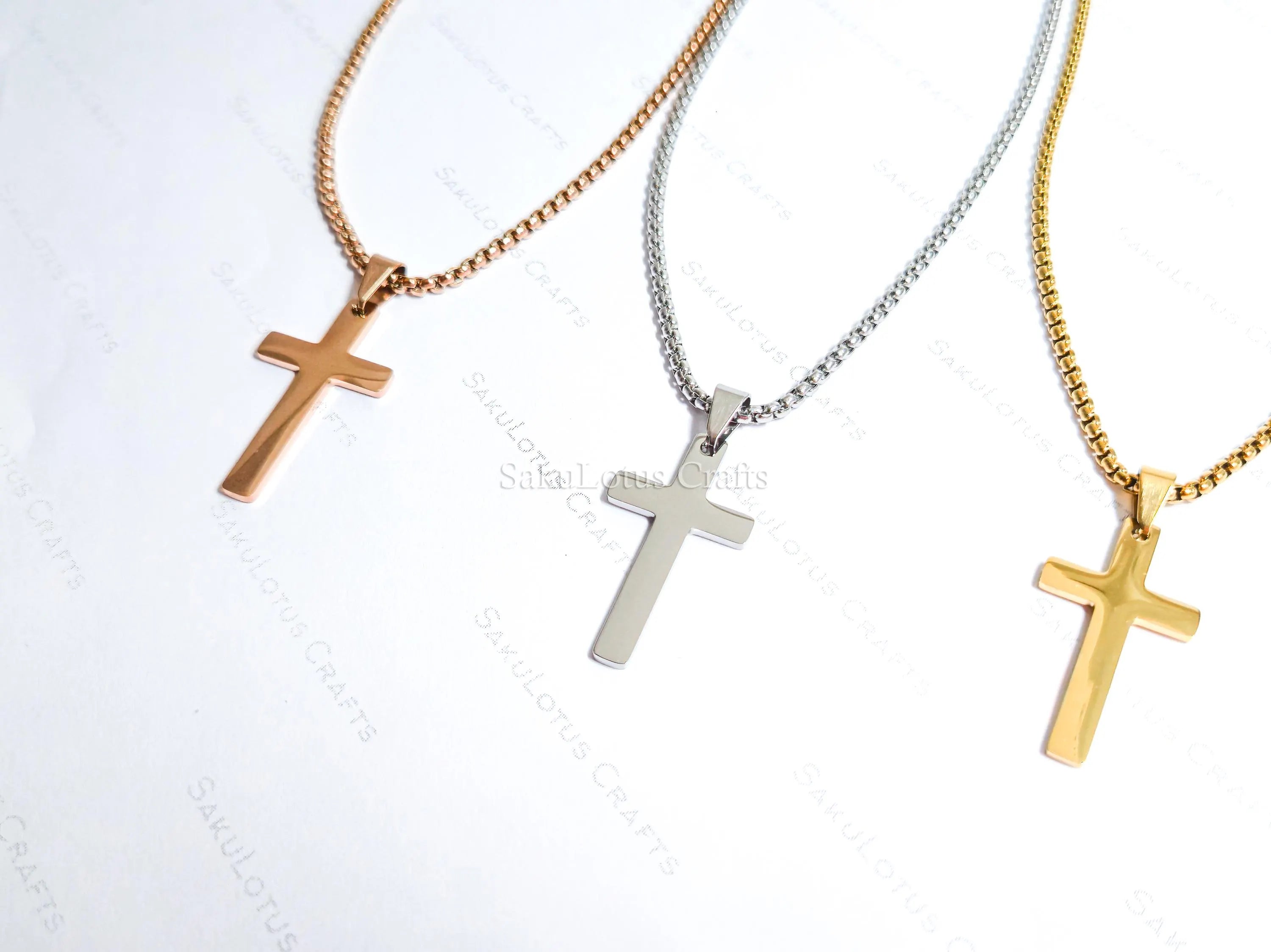 18K Gold Rose Gold Silver Cross Necklace • 23" Rollo Chain • Stainless Steel PVD Plated Jewelry