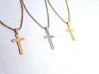 18K Gold Rose Gold Silver Cross Necklace • 23" Rollo Chain • Stainless Steel PVD Plated Jewelry