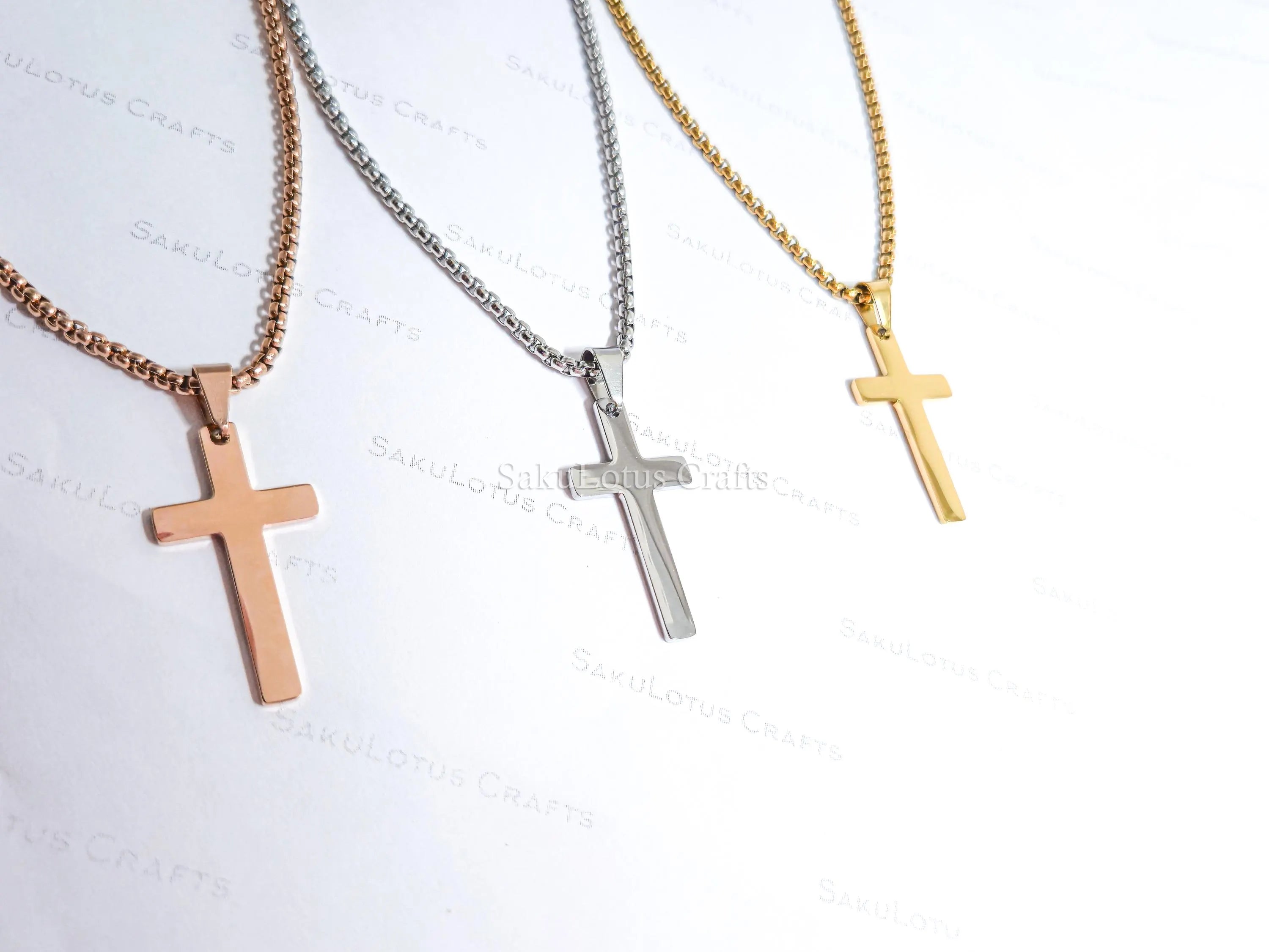 18K Gold Rose Gold Silver Cross Necklace • 23" Rollo Chain • Stainless Steel PVD Plated Jewelry