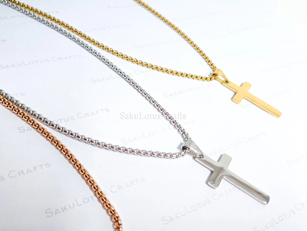 18K Gold Rose Gold Silver Cross Necklace • 23" Rollo Chain • Stainless Steel PVD Plated Jewelry