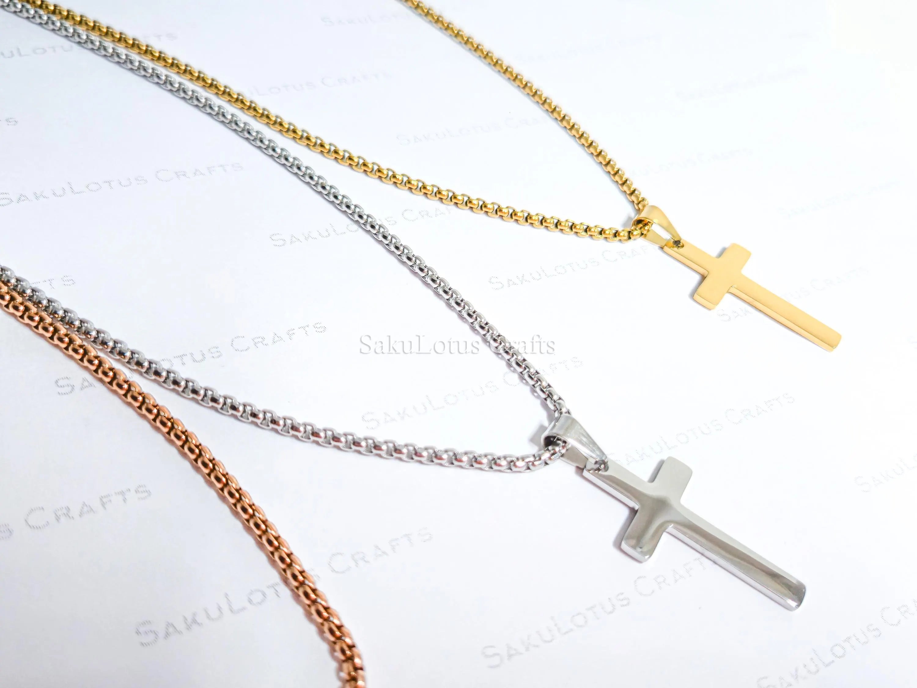 18K Gold Rose Gold Silver Cross Necklace • 23" Rollo Chain • Stainless Steel PVD Plated Jewelry