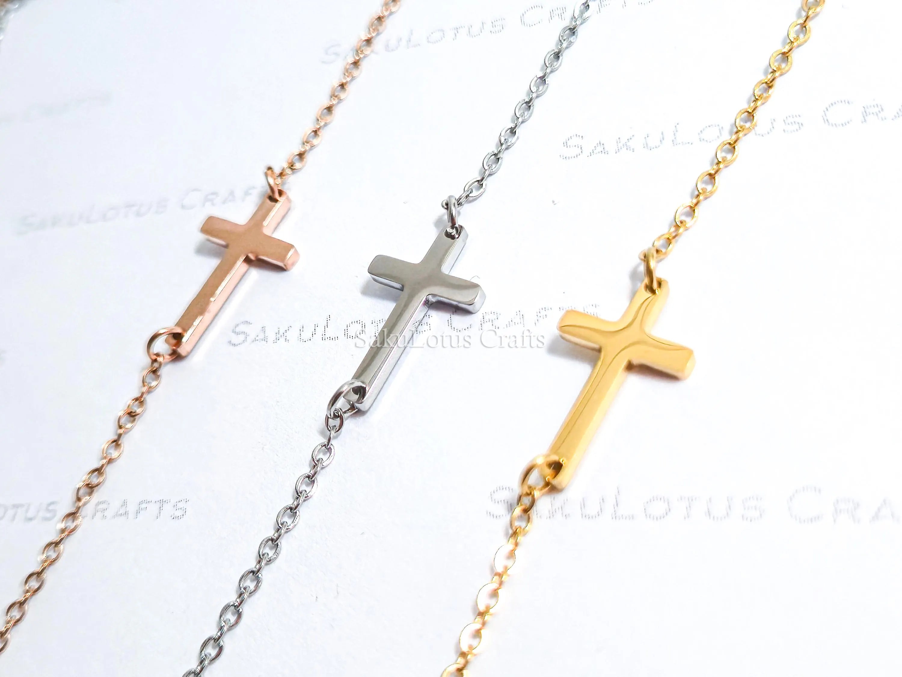 Sideways Cross Necklace • 18K Gold Rose Gold or Silver Stainless Steel • 18" Flat Cable Chain • Minimal Gift Jewelry