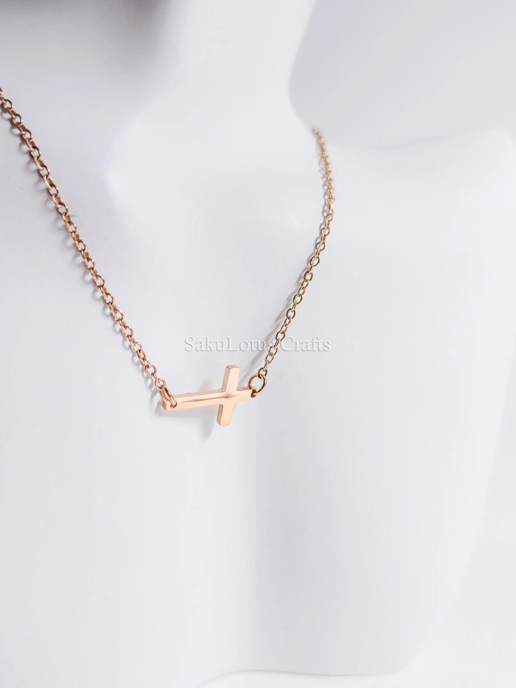 Sideways Cross Necklace • 18K Gold Rose Gold or Silver Stainless Steel • 18" Flat Cable Chain • Minimal Gift Jewelry