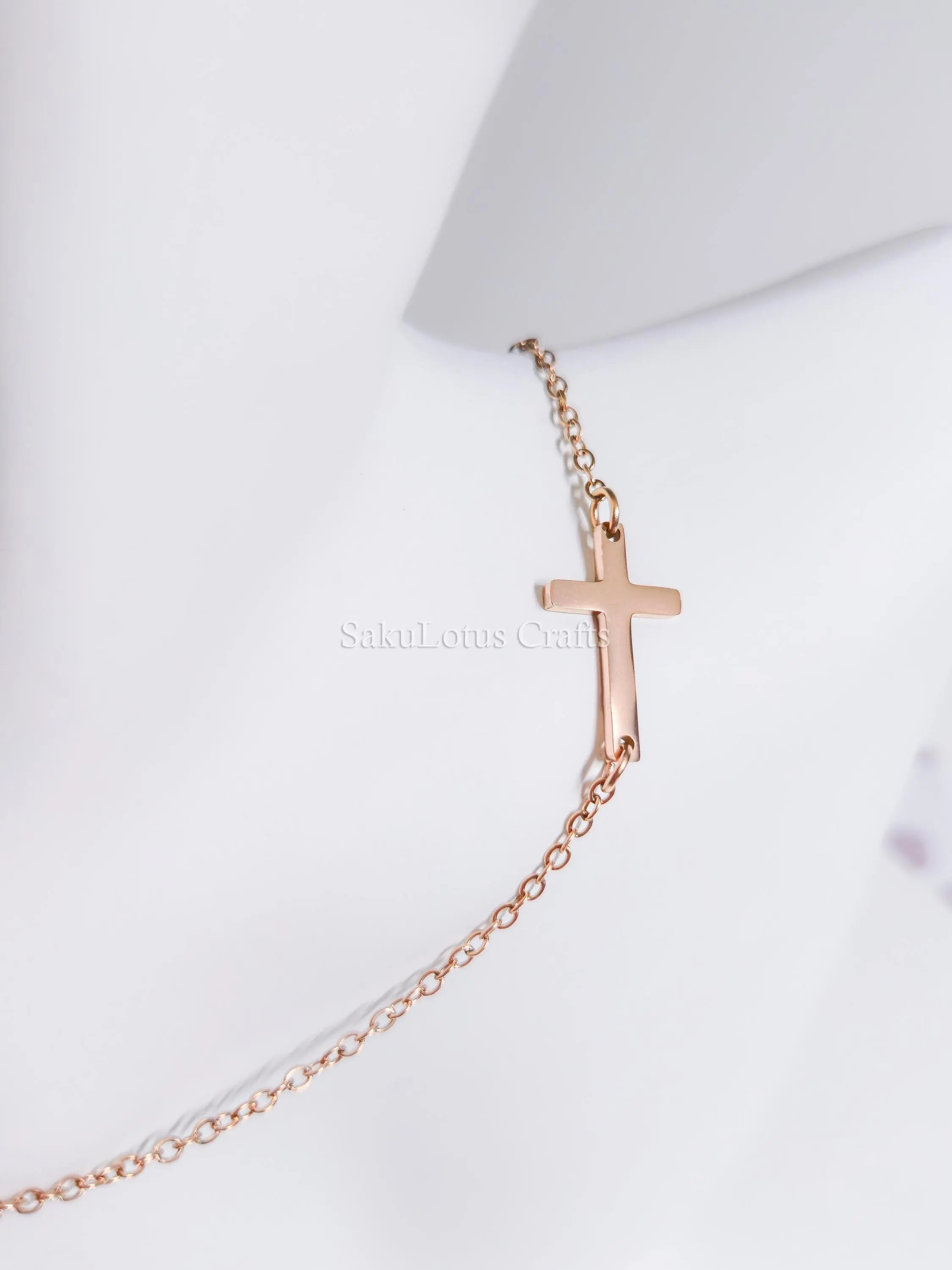 Sideways Cross Necklace • 18K Gold Rose Gold or Silver Stainless Steel • 18" Flat Cable Chain • Minimal Gift Jewelry