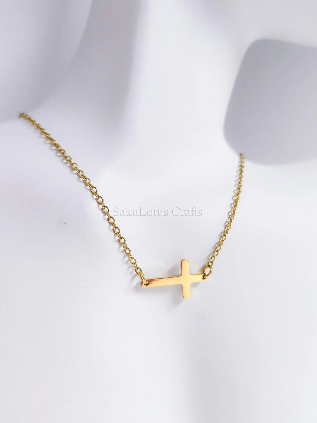 Sideways Cross Necklace • 18K Gold Rose Gold or Silver Stainless Steel • 18" Flat Cable Chain • Minimal Gift Jewelry