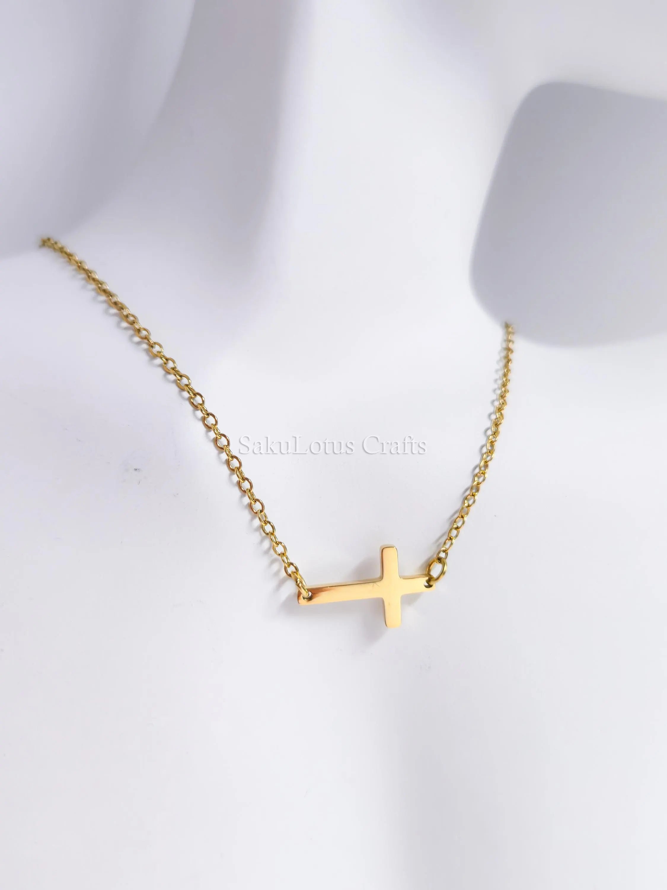 Sideways Cross Necklace • 18K Gold Rose Gold or Silver Stainless Steel • 18" Flat Cable Chain • Minimal Gift Jewelry