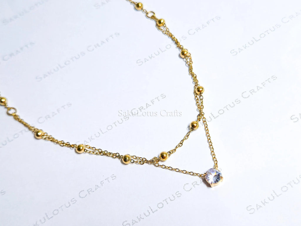 Dainty Satellite Necklace • Double Front Chain • 18K Gold or Silver Stainless Steel • CZ Crystal Necklace