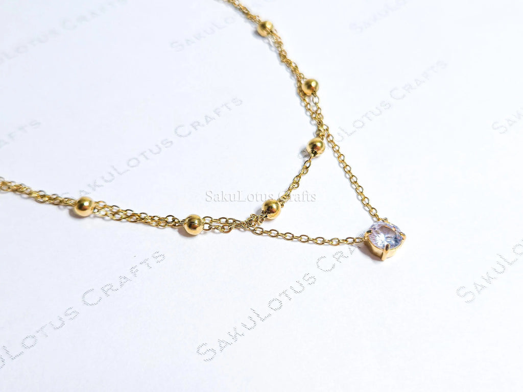 Dainty Satellite Necklace • Double Front Chain • 18K Gold or Silver Stainless Steel • CZ Crystal Necklace