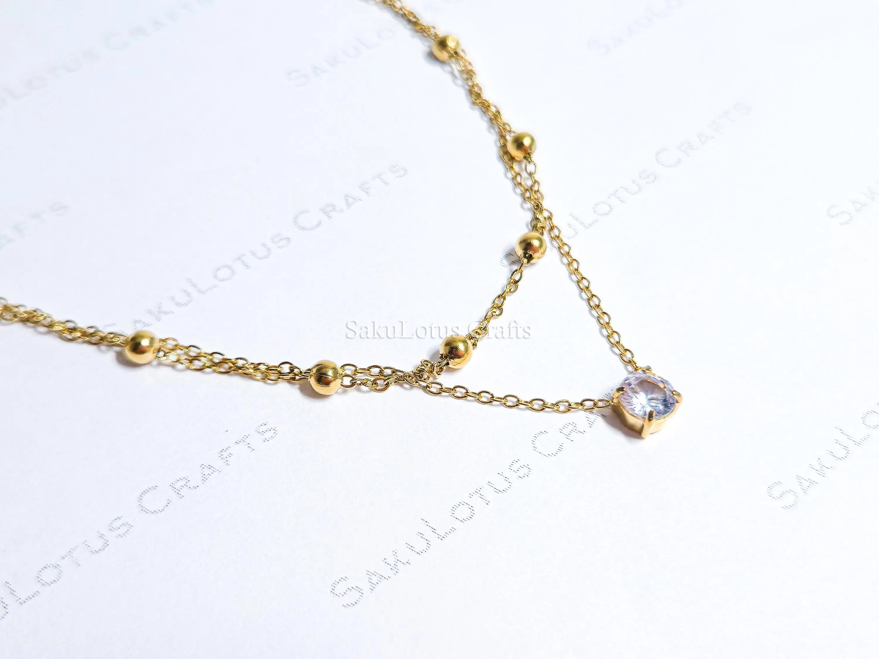 Dainty Satellite Necklace • Double Front Chain • 18K Gold or Silver Stainless Steel • CZ Crystal Necklace