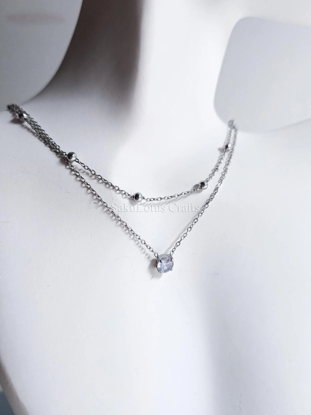 Dainty Satellite Necklace • Double Front Chain • 18K Gold or Silver Stainless Steel • CZ Crystal Necklace