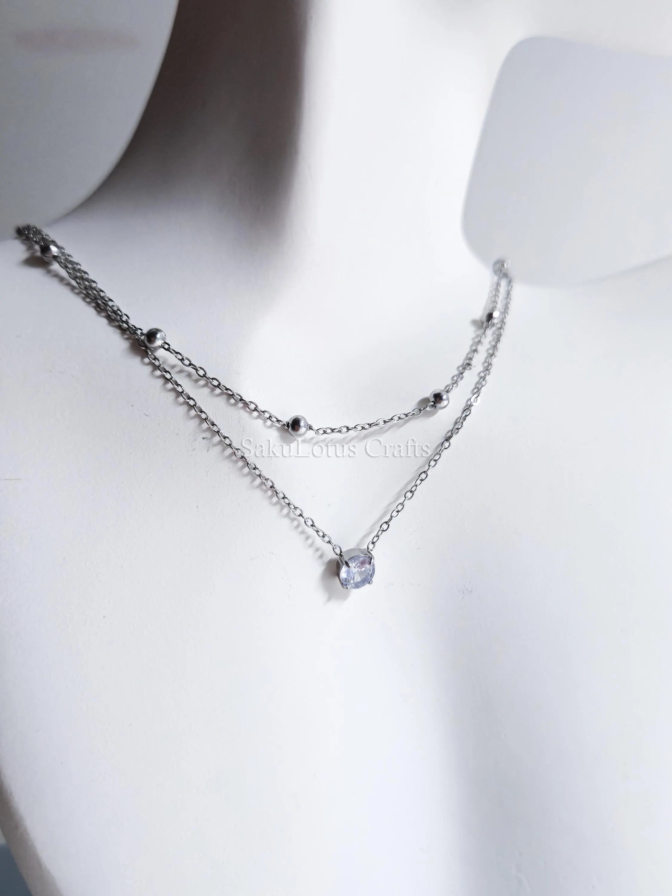 Dainty Satellite Necklace • Double Front Chain • 18K Gold or Silver Stainless Steel • CZ Crystal Necklace