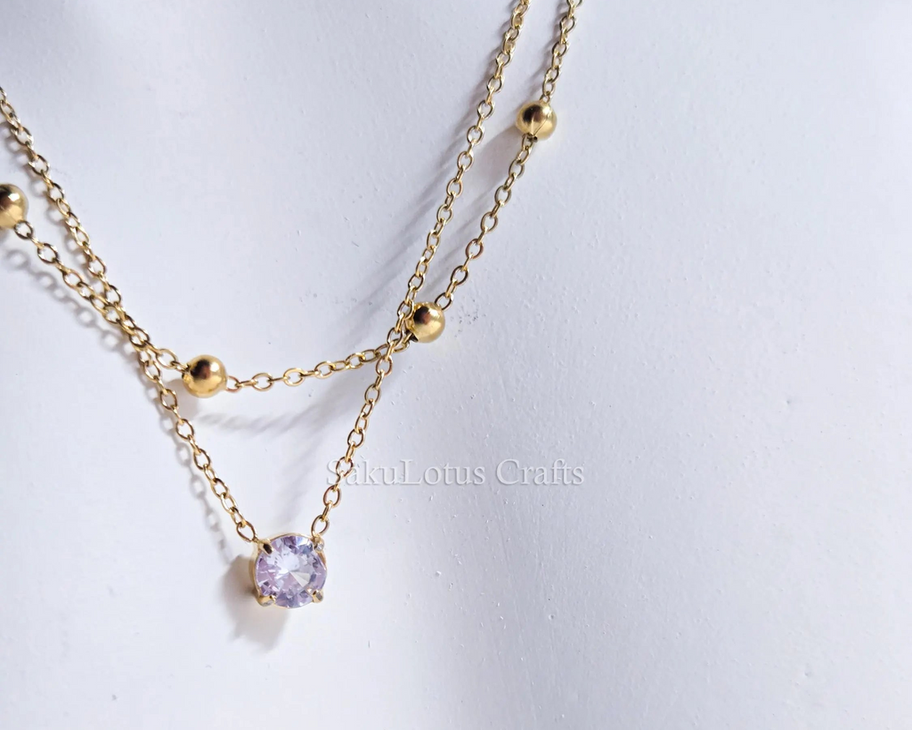 Dainty Satellite Necklace • Double Front Chain • 18K Gold or Silver Stainless Steel • CZ Crystal Necklace