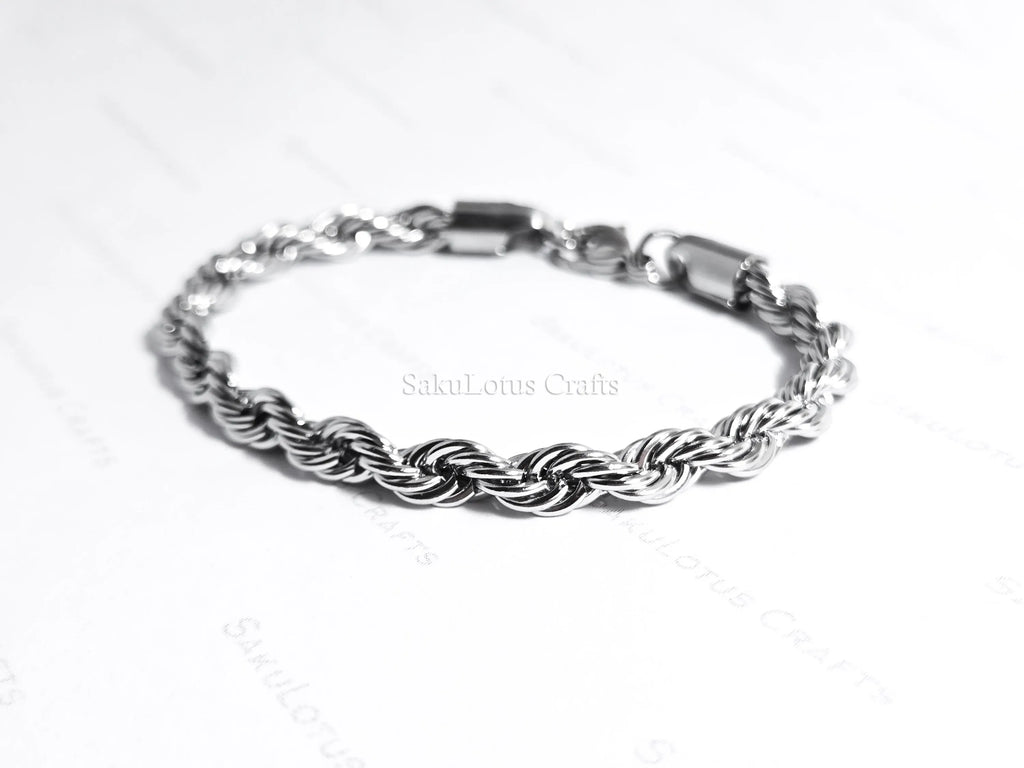 18K Gold PVD & Silver Stainless Steel Rope Bracelet • 8" Twisted Chain • 3mm 4mm 5mm 6mm • Lobster Clasp • Waterproof Unisex Jewelry