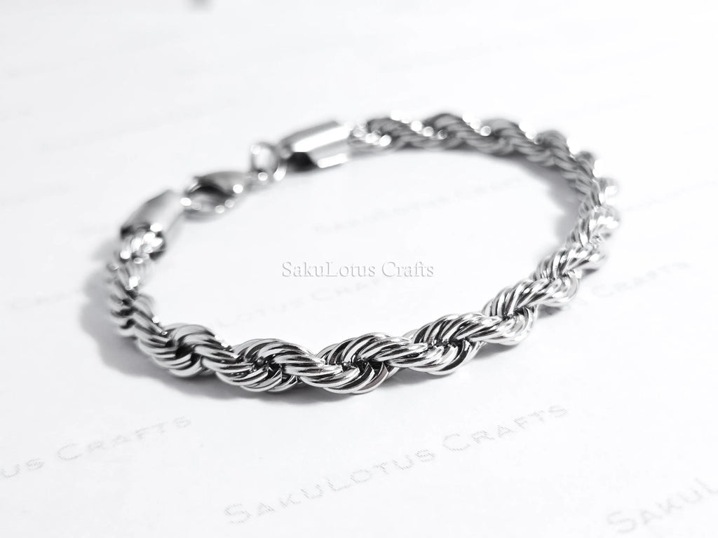 18K Gold PVD & Silver Stainless Steel Rope Bracelet • 8" Twisted Chain • 3mm 4mm 5mm 6mm • Lobster Clasp • Waterproof Unisex Jewelry