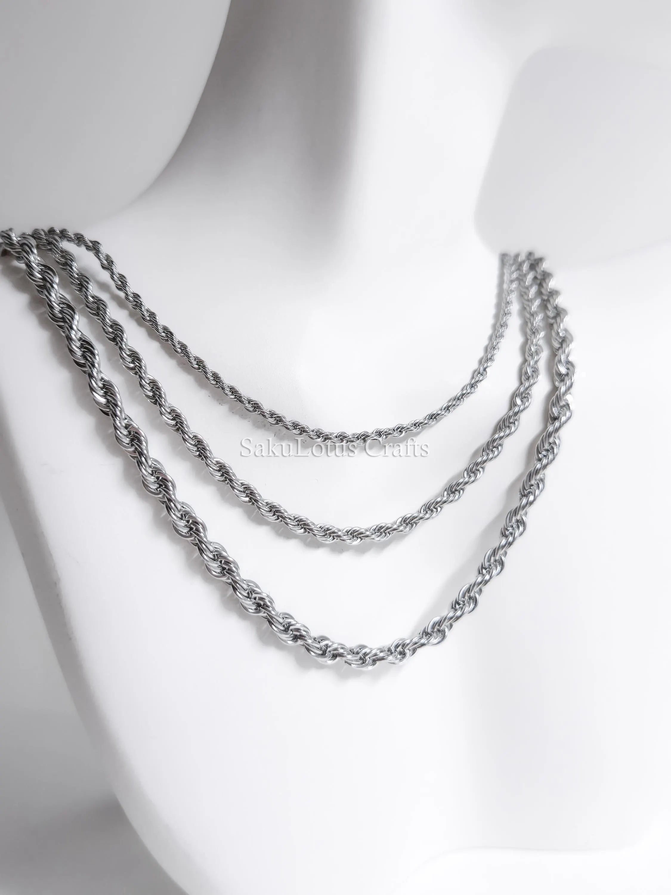 18K Gold PVD & Silver Stainless Steel Rope Chain Necklace • 2mm 3mm 4mm • 18" 20" 24" • Lobster Clasp • Unisex Jewelry