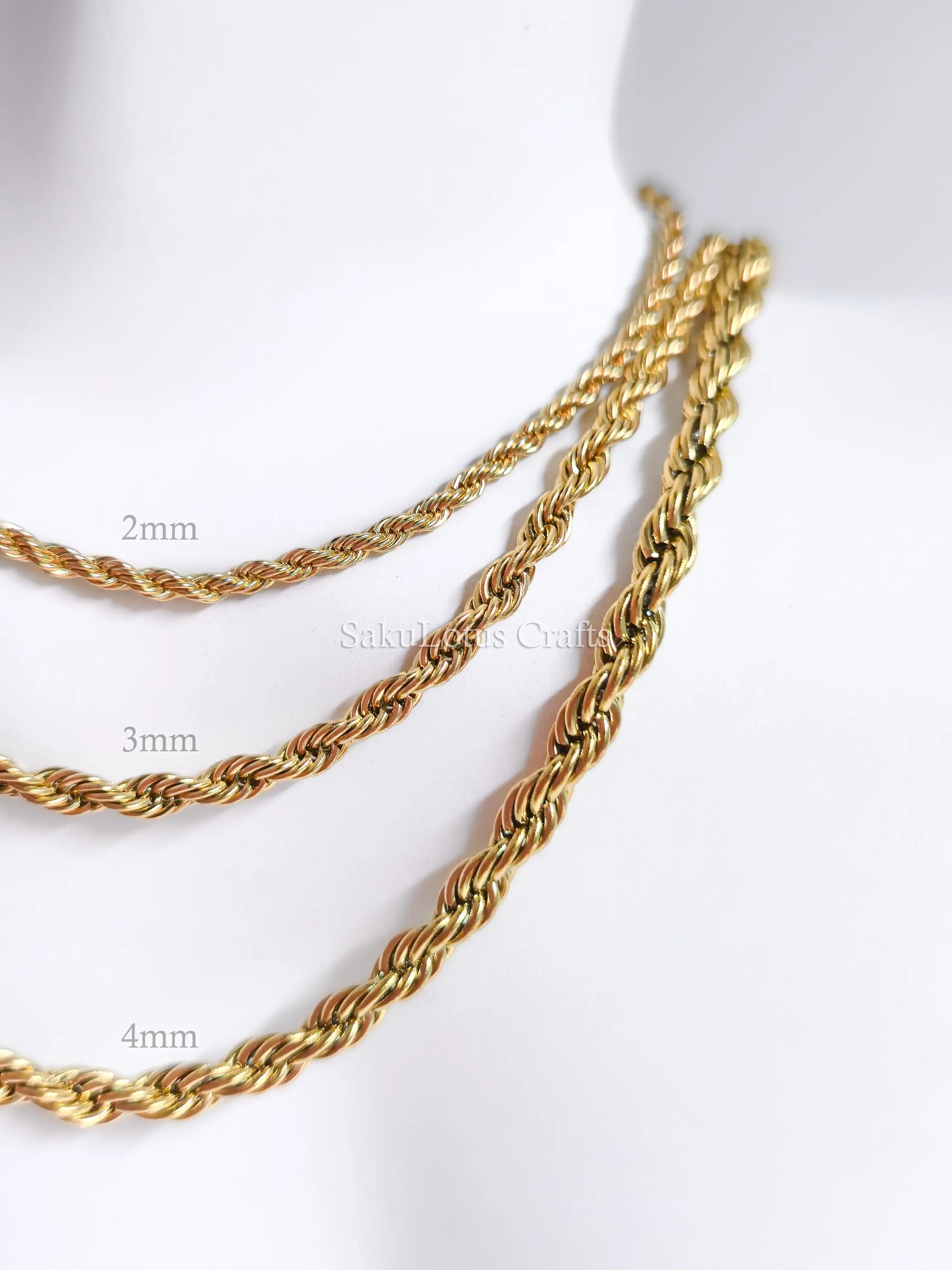 18K Gold PVD & Silver Stainless Steel Rope Chain Necklace • 2mm 3mm 4mm • 18" 20" 24" • Lobster Clasp • Unisex Jewelry