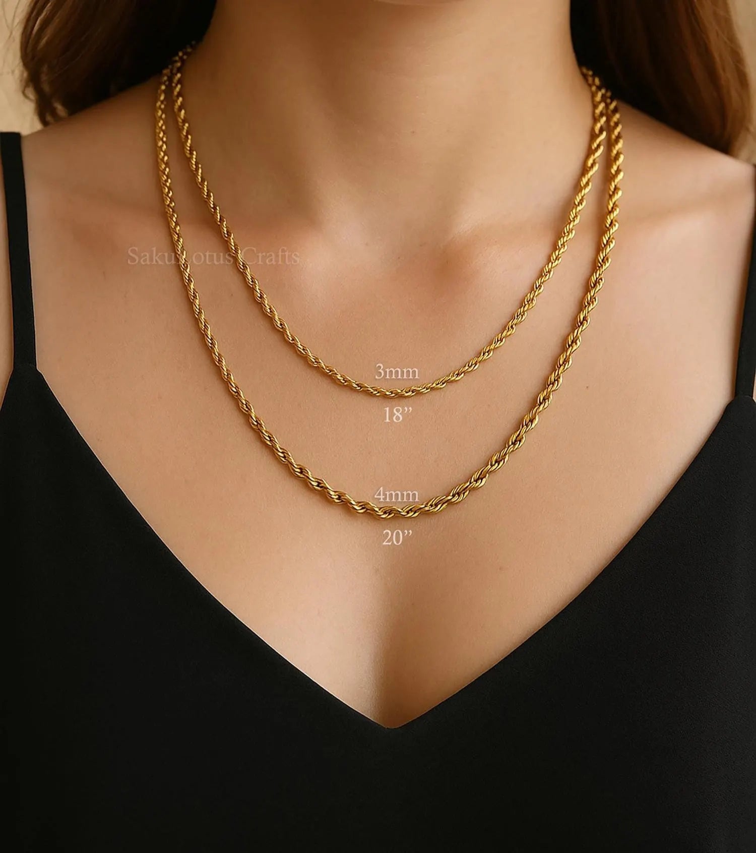 18K Gold PVD & Silver Stainless Steel Rope Chain Necklace • 2mm 3mm 4mm • 18" 20" 24" • Lobster Clasp • Unisex Jewelry