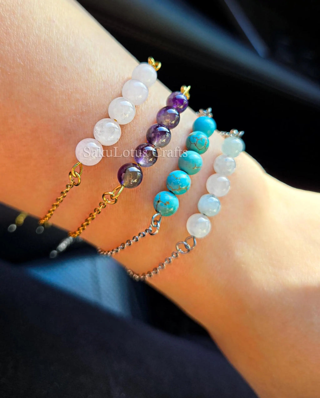 Dainty 5 Stone Natural Gemstone Bracelet • 6mm Beads • Stainless Steel Chain • Silver or 18K Gold • 7.5" + Extender