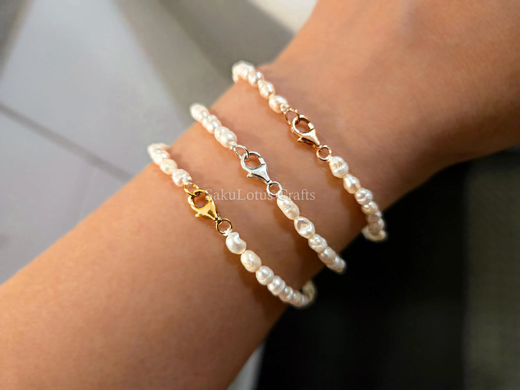 Natural Genuine Freshwater 3mm White Rice Pearl Necklace Bracelet Stainless Steel 18k Gold Rose Gold Lobster Clasp Extender
