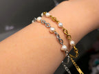 Natural Freshwater Pearl Bracelet • 6" Chunky Stainless Steel Chain • 18K Gold or Silver Finish • Adjustable Extender