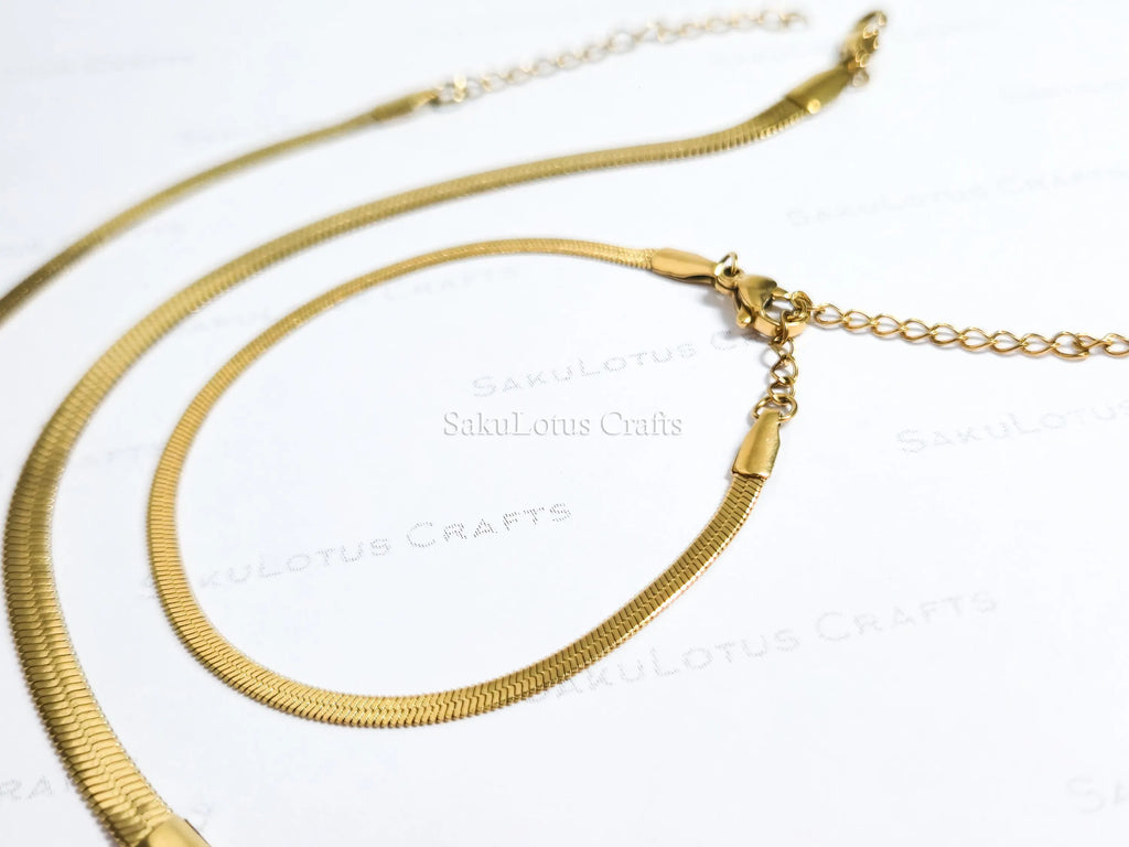 Herringbone Bracelet • 18K Gold PVD or Silver Stainless Steel • 2.5mm 3.3mm 4mm • 6.25" + 1.5" Extender