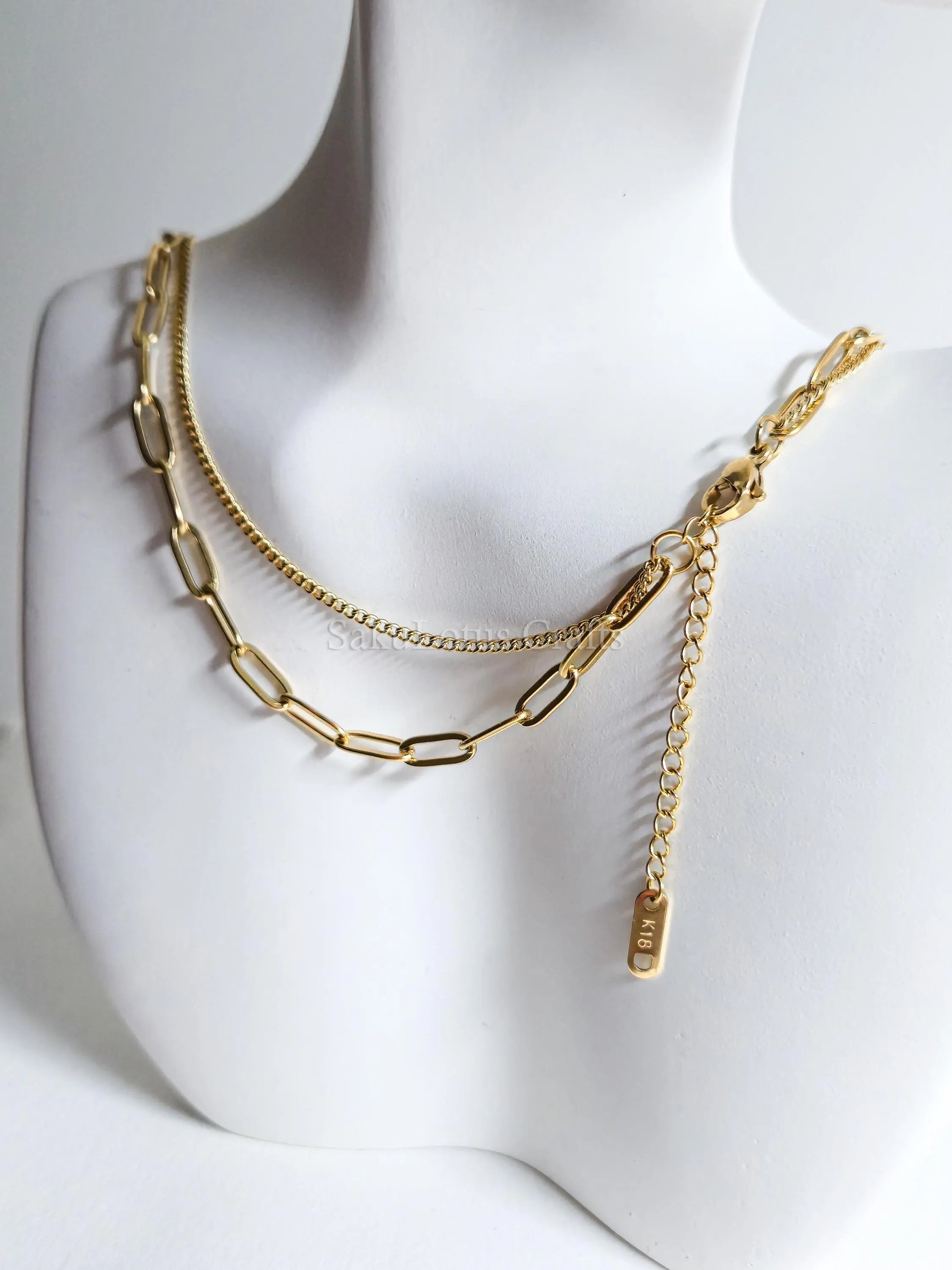 Dual Chain Necklace • 18K Gold or Silver Stainless Steel • Paperclip & Curb Chain • 17–20" + 2" Extender