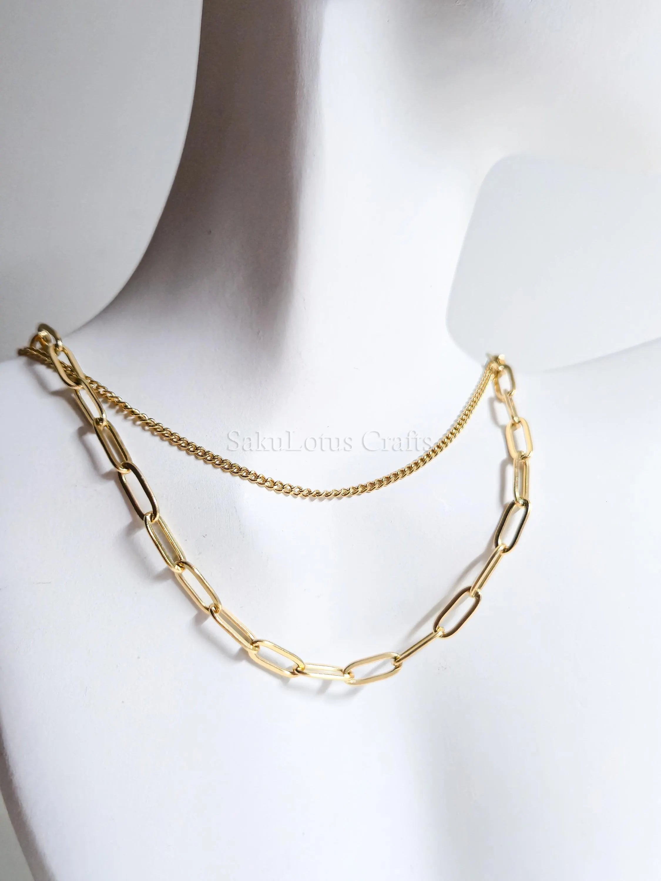 Dual Chain Necklace • 18K Gold or Silver Stainless Steel • Paperclip & Curb Chain • 17–20" + 2" Extender