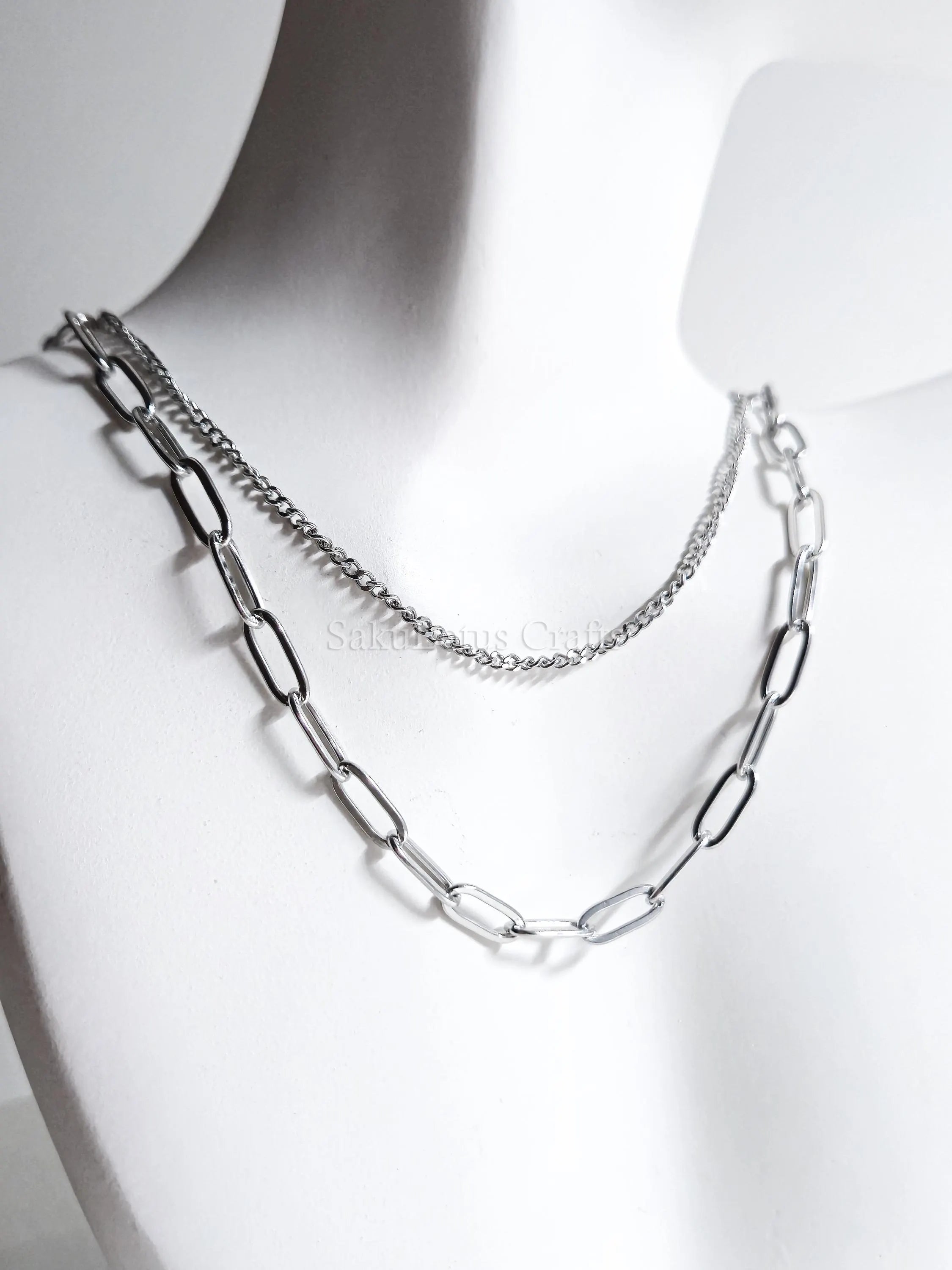 Dual Chain Necklace • 18K Gold or Silver Stainless Steel • Paperclip & Curb Chain • 17–20" + 2" Extender