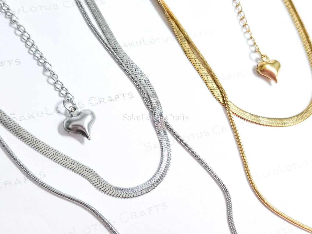 2 Layer Necklace • Gold or Silver Stainless Steel • Herringbone & Snake Chain • 16–18" + 2" Extender