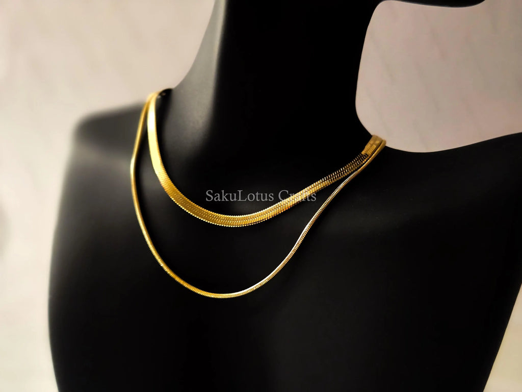 2 Layer Necklace • Gold or Silver Stainless Steel • Herringbone & Snake Chain • 16–18" + 2" Extender