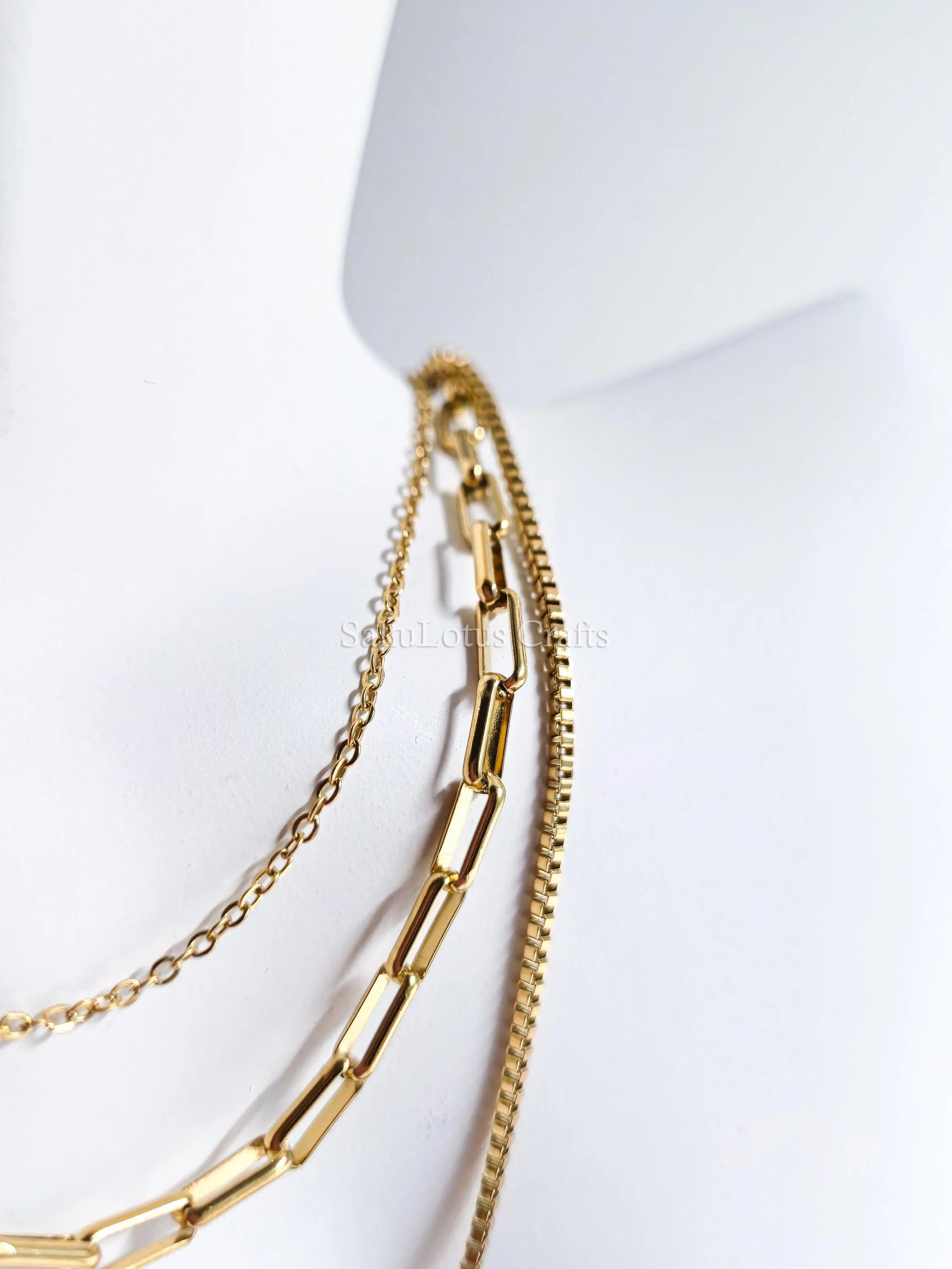 3 Layer Necklace • 18K Gold Stainless Steel • Paperclip Box Cable Chains • 16" 18" 20" + 2" Extender