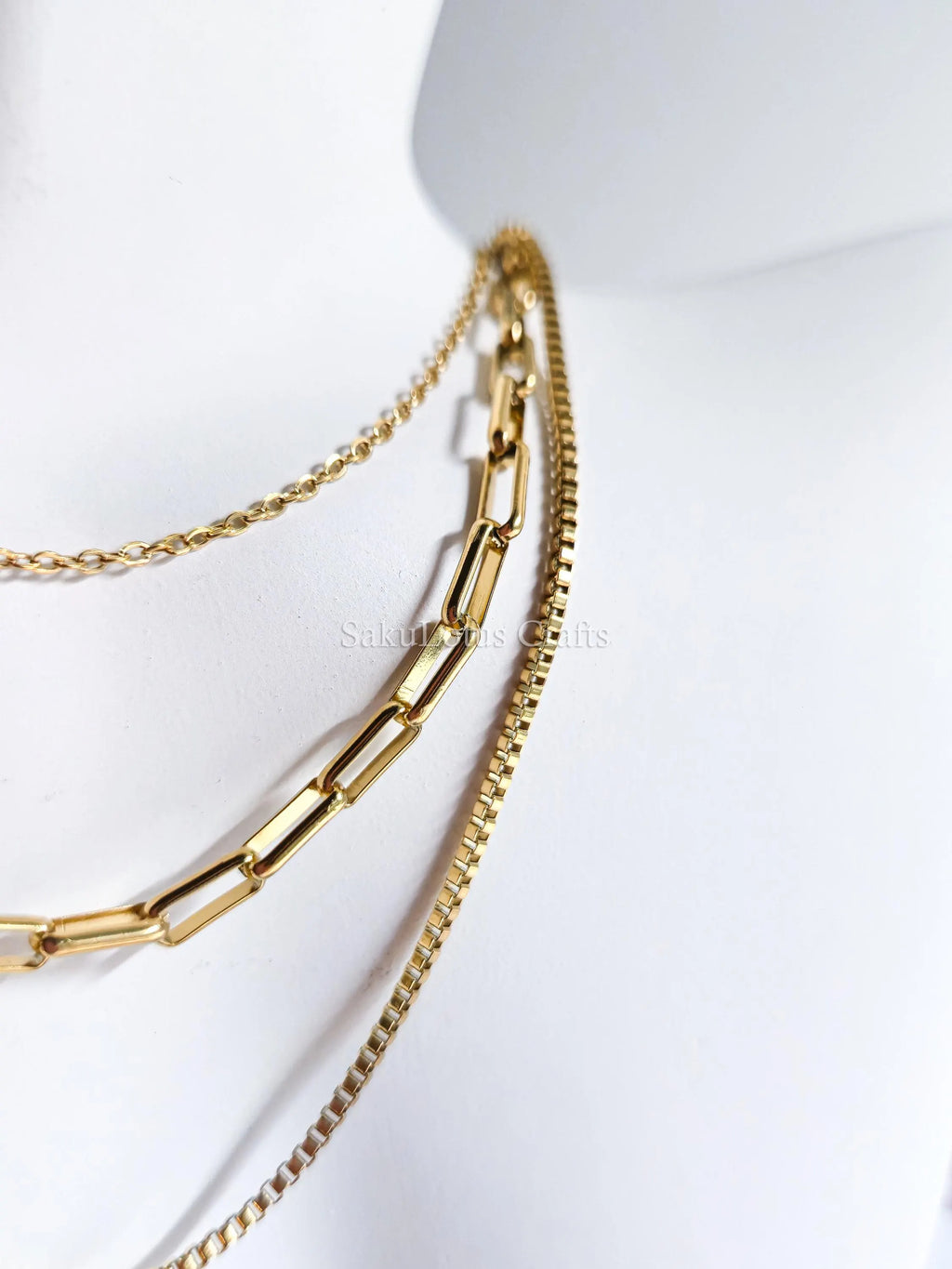 3 Layer Necklace • 18K Gold Stainless Steel • Paperclip Box Cable Chains • 16" 18" 20" + 2" Extender