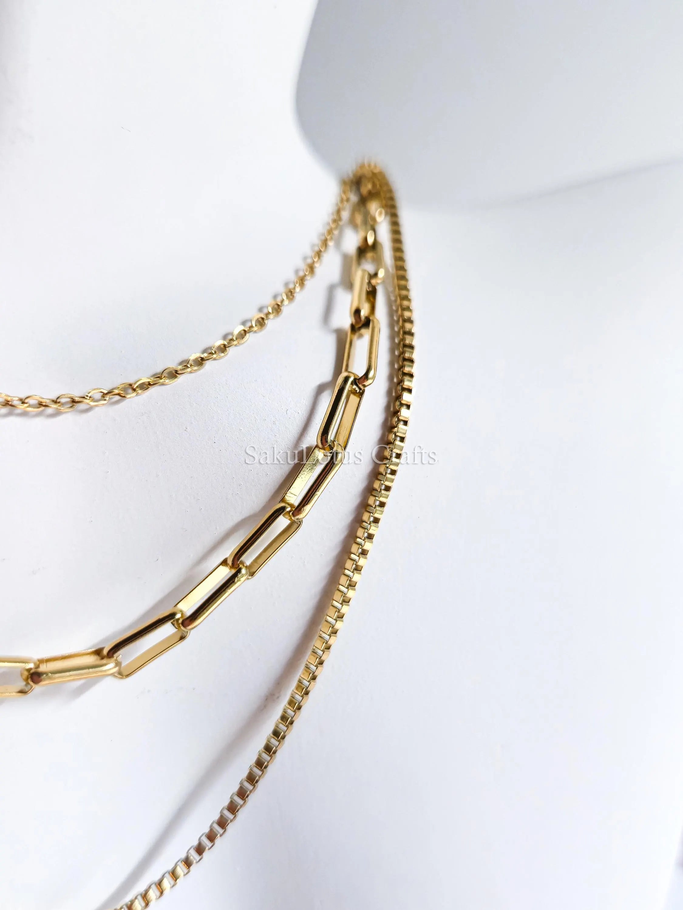 3 Layer Necklace • 18K Gold Stainless Steel • Paperclip Box Cable Chains • 16" 18" 20" + 2" Extender