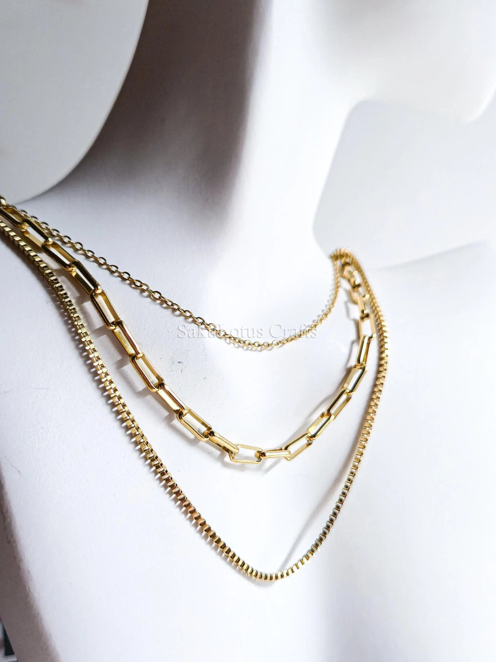 3 Layer Necklace • 18K Gold Stainless Steel • Paperclip Box Cable Chains • 16" 18" 20" + 2" Extender