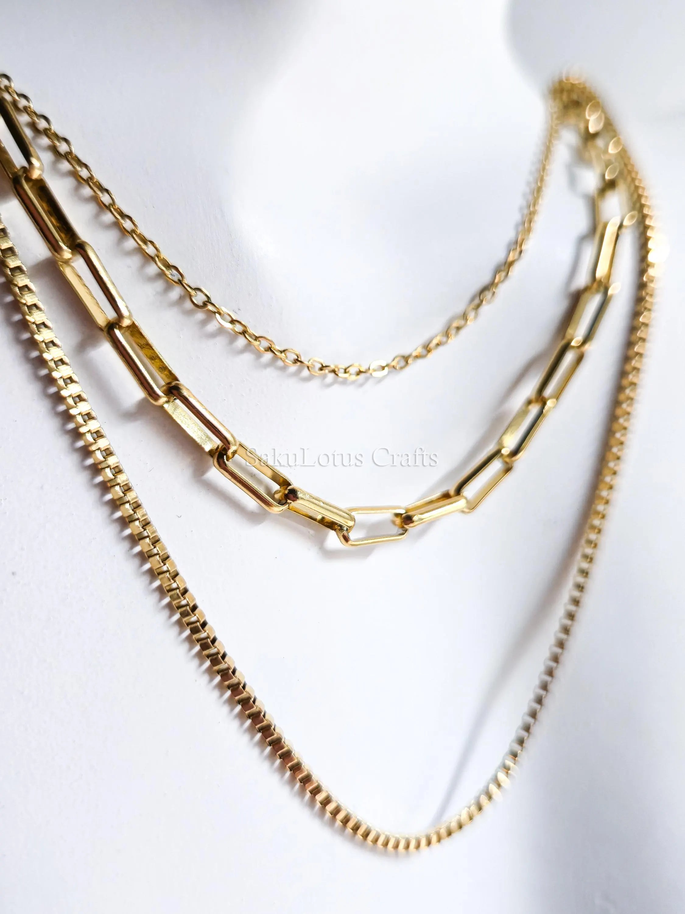 3 Layer Necklace • 18K Gold Stainless Steel • Paperclip Box Cable Chains • 16" 18" 20" + 2" Extender