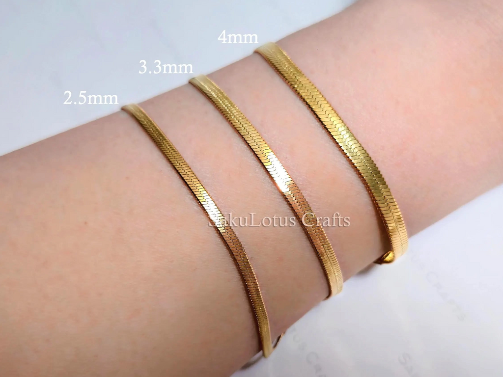 Herringbone Bracelet • 18K Gold PVD or Silver Stainless Steel • 2.5mm 3.3mm 4mm • 6.25" + 1.5" Extender