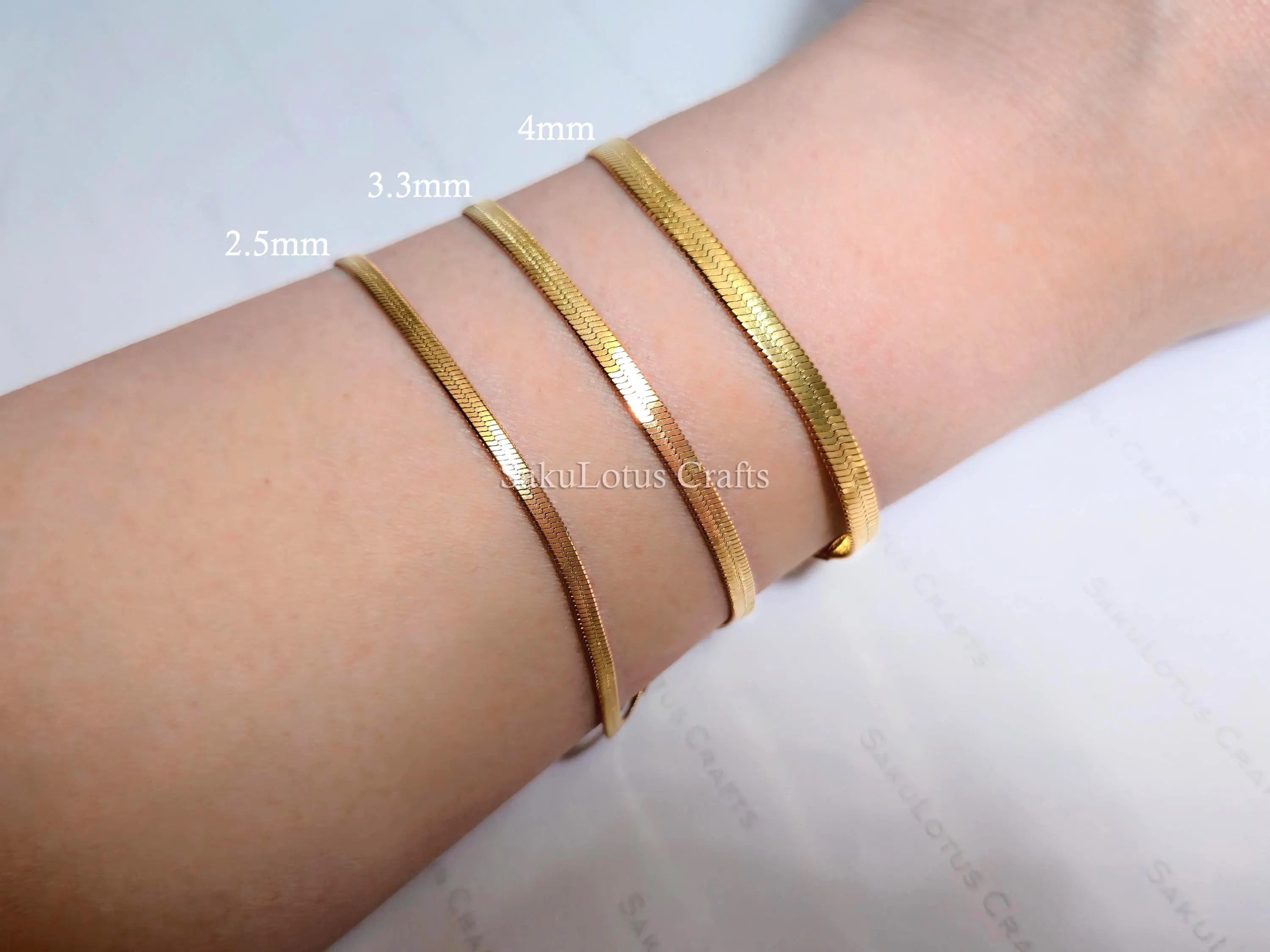 Herringbone Bracelet • 18K Gold PVD or Silver Stainless Steel • 2.5mm 3.3mm 4mm • 6.25" + 1.5" Extender