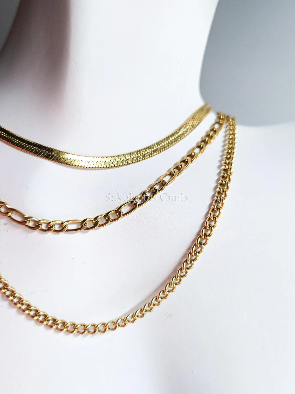 Waterproof 3 Layer Necklace • 18K Gold Stainless Steel • Herringbone Figaro Curb Triple Chain Trio • 13" 16" 18" + 2" Extender