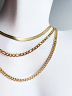 Waterproof 3 Layer Necklace • 18K Gold Stainless Steel • Herringbone Figaro Curb Triple Chain Trio • 13" 16" 18" + 2" Extender