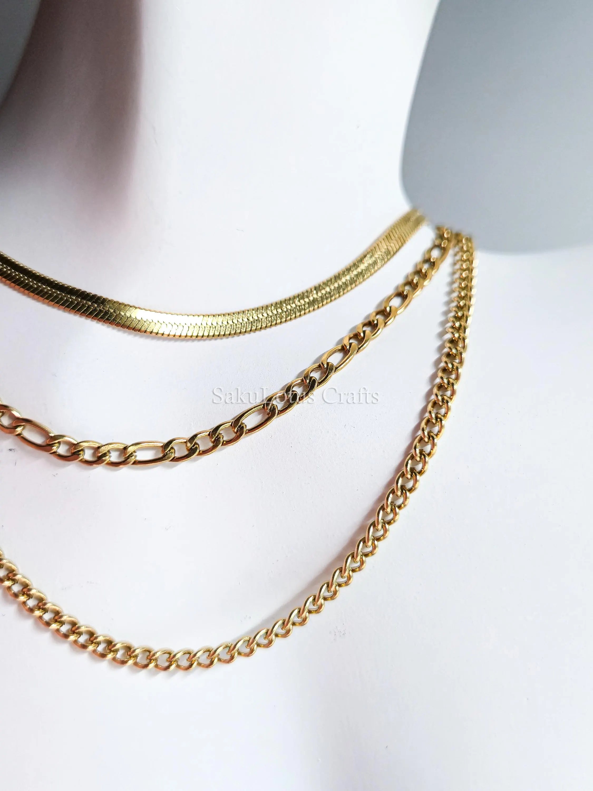 Waterproof 3 Layer Necklace • 18K Gold Stainless Steel • Herringbone Figaro Curb Triple Chain Trio • 13" 16" 18" + 2" Extender
