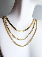 Waterproof 3 Layer Necklace • 18K Gold Stainless Steel • Herringbone Figaro Curb Triple Chain Trio • 13" 16" 18" + 2" Extender
