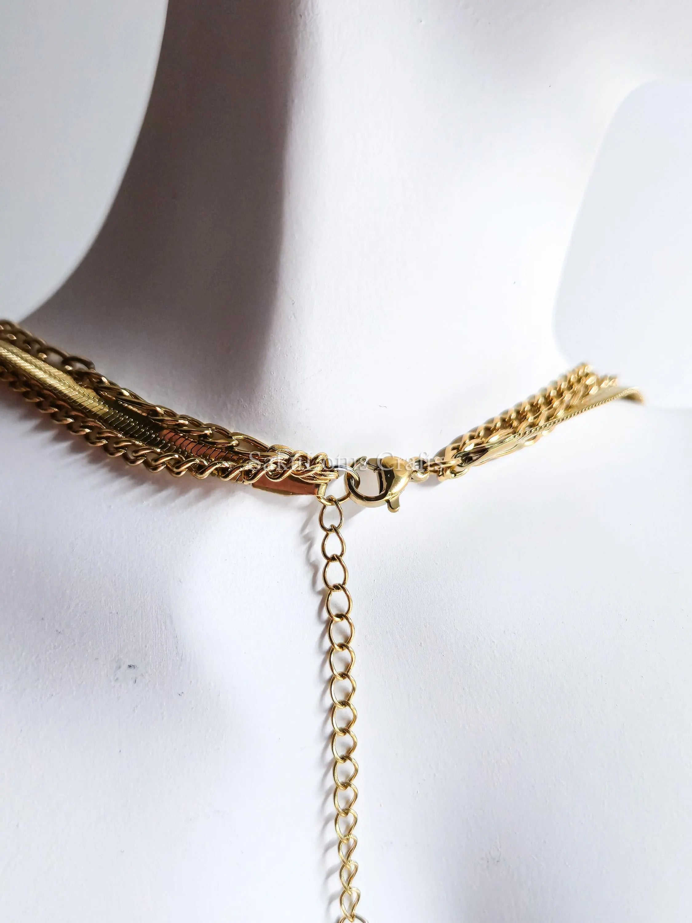Waterproof 3 Layer Necklace • 18K Gold Stainless Steel • Herringbone Figaro Curb Triple Chain Trio • 13" 16" 18" + 2" Extender
