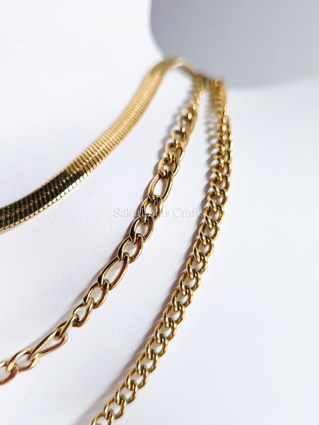 Waterproof 3 Layer Necklace • 18K Gold Stainless Steel • Herringbone Figaro Curb Triple Chain Trio • 13" 16" 18" + 2" Extender