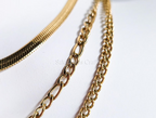 Waterproof 3 Layer Necklace • 18K Gold Stainless Steel • Herringbone Figaro Curb Triple Chain Trio • 13" 16" 18" + 2" Extender